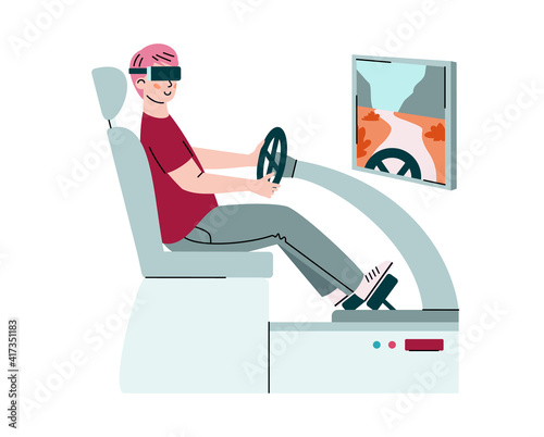 Young man in vr glasses play or learning to drive car in virtual augmented reality. Racing video game simulator, entertainment or training program. Vector isolated illustration.