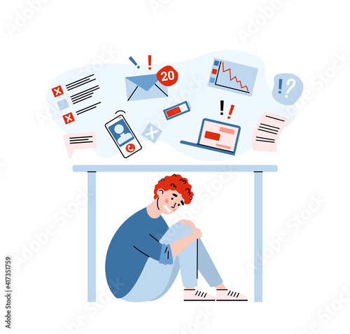 Young man tries to hide from stress and information overload by data stream. Multitasking problem and overloading by breaking news from internet. Flat vector illustration