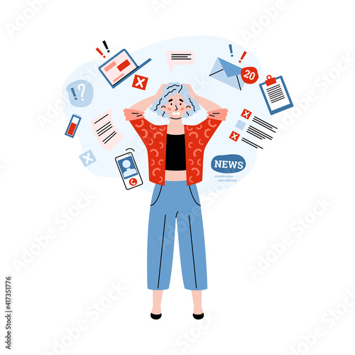 Woman falling in panic over alarming disturbing news, cartoon vector illustration isolated on white background. Woman suffering of information overload.