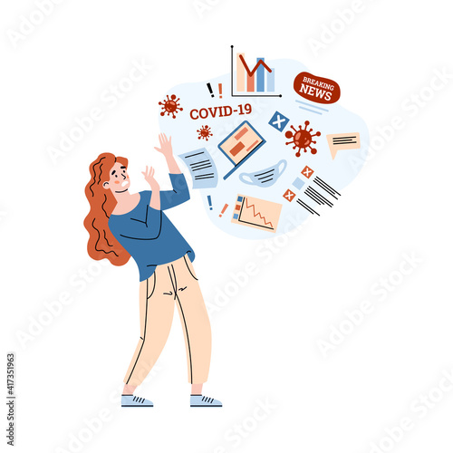 Young woman in panic and stress due the overload with information and breaking news about global pandemic coronavirus and world crisis. Vector illustration. Landing page template