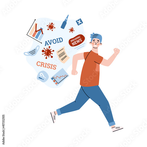 Upset man running off information about pandemic and crisis, cartoon vector illustration isolated on white background. Information overload and stress of disturbing news.