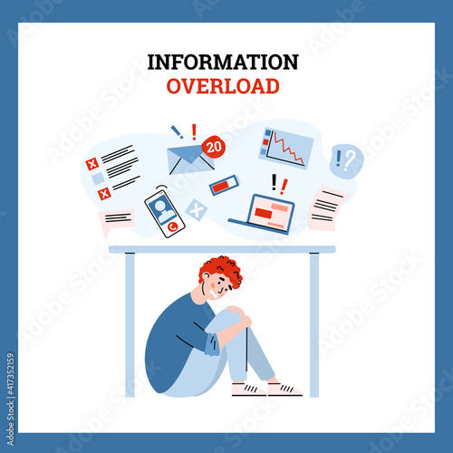 Young man is overwhelmed with work or information and in stress hide from data stream. Multitasking problem and overload by breaking news from internet. Flat vector illustration.