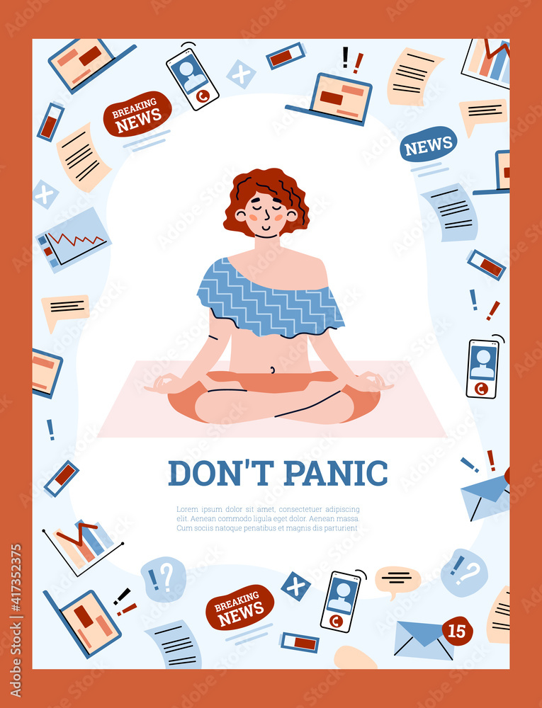 Stop panic and information overload banner template with woman relieving stress through meditation, cartoon vector illustration. Overcoming information stress and panic.