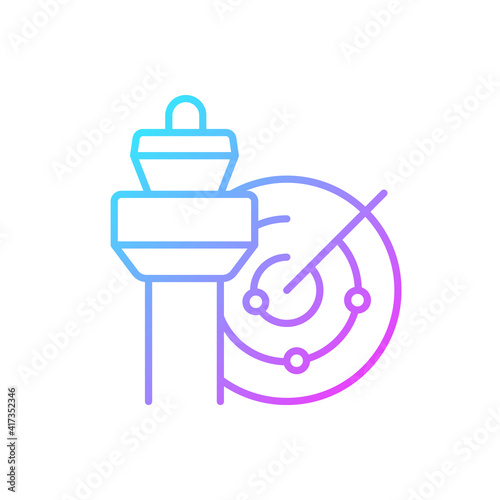 Air traffic control gradient linear vector icon. Radar and control tower. Civil aviation safety. Controller profession. Thin line color symbols. Modern style pictogram. Vector isolated outline drawing