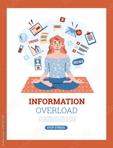 Woman in lotus pose not panic and stay calm not giving in stress due overload of information and breaking news. Vector illustration, design or poster.