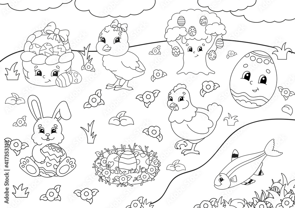 Obraz premium Coloring book for kids. Easter clipart. Cheerful characters. Vector illustration. Cute cartoon style. Black contour silhouette. Isolated on white background.