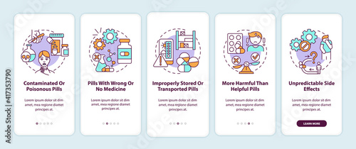 Unregistered pharmacies threats onboarding mobile app page screen with concepts. Contaminated, poisonous pills walkthrough 5 steps graphic instructions. UI vector template with RGB color illustrations