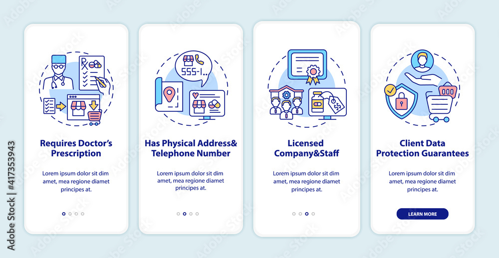 Safe online pharmacy signs onboarding mobile app page screen with concepts. Client data protection guarantees walkthrough 5 steps graphic instructions. UI vector template with RGB color illustrations