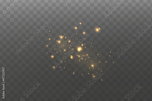 Christmas light effect. Sparkling magical dust particles.The dust sparks and golden stars shine with special light.