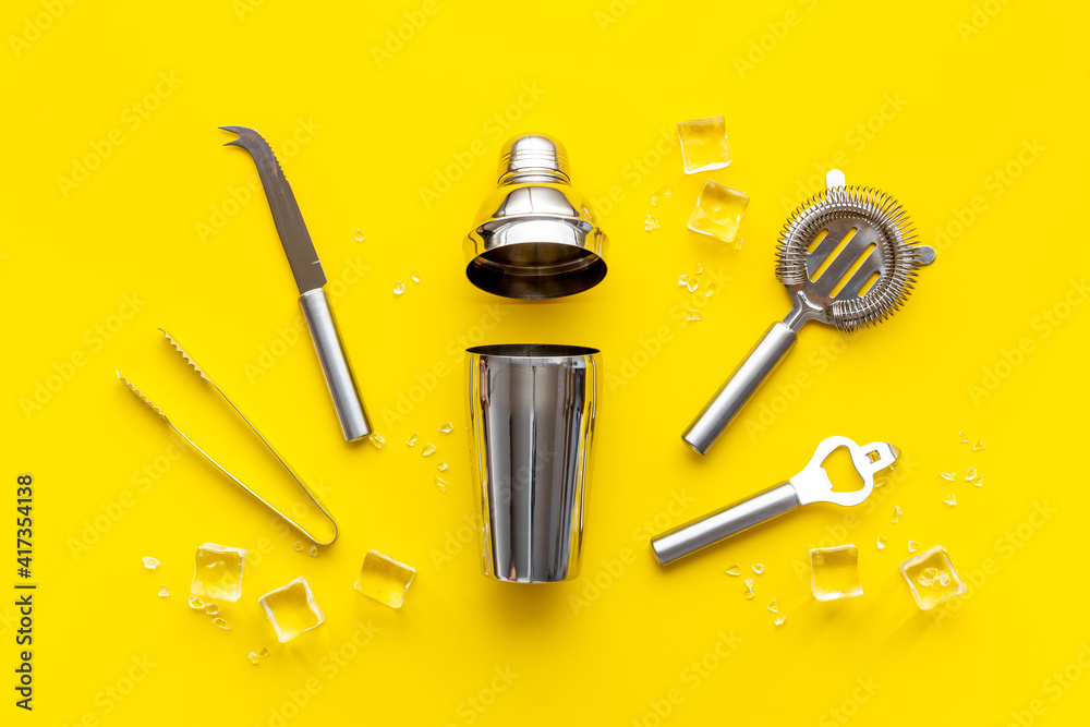 Cocktail bar utensils and tools with shaker, strainer and ice Cocktail bar utensils and tools with shaker, strainer and ice