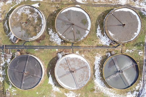 Wastewater plant, aerial view. Cleaning, purification and filtration of sewage water