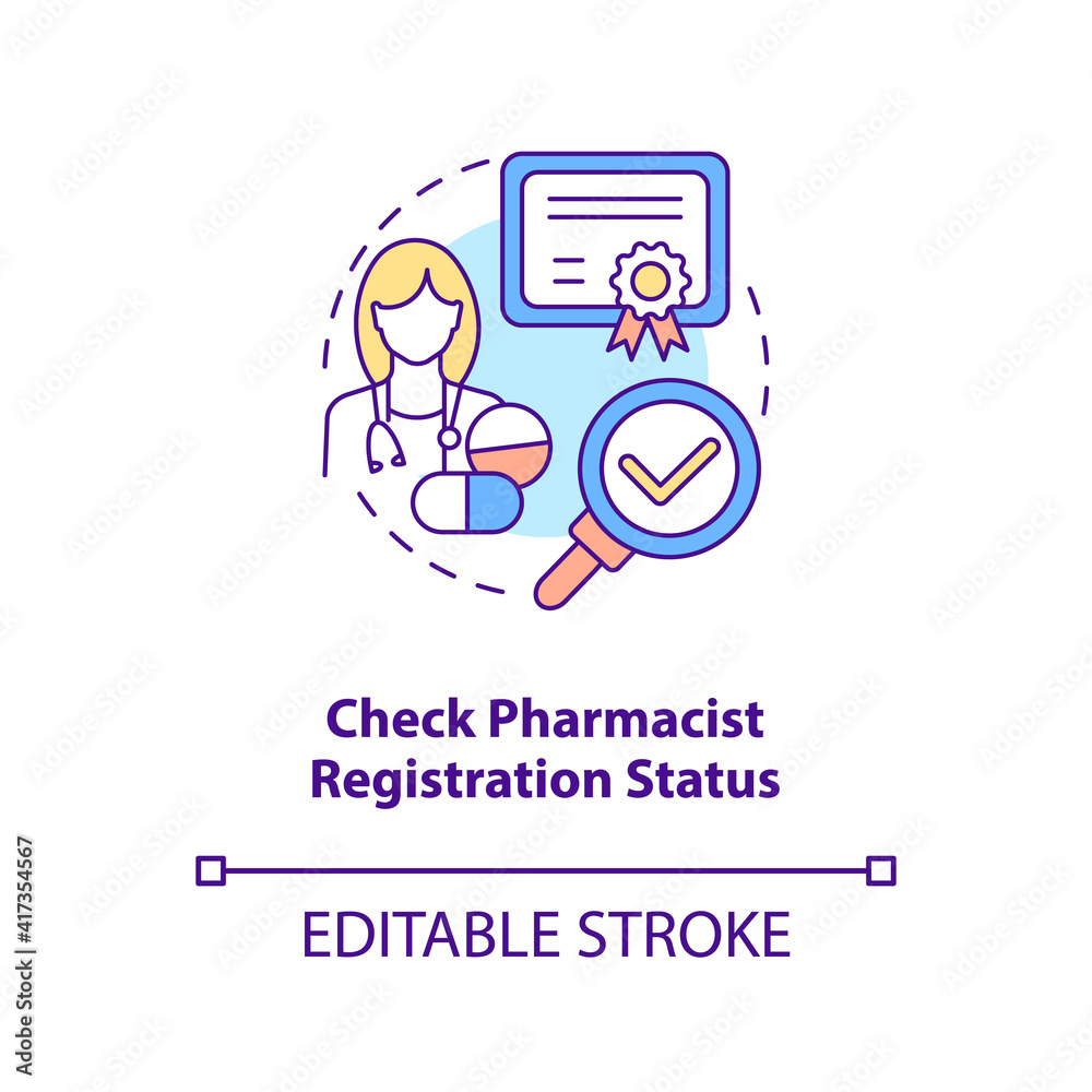 Check pharmacist registration status concept icon. Online pharmacy idea thin line illustration. Buying medicine online tips. Vector isolated outline RGB color drawing. Editable stroke Check pharmacist registration status concept icon. Online pharmacy idea thin line illustration. Buying medicine online tips. Vector isolated outline RGB color drawing. Editable stroke