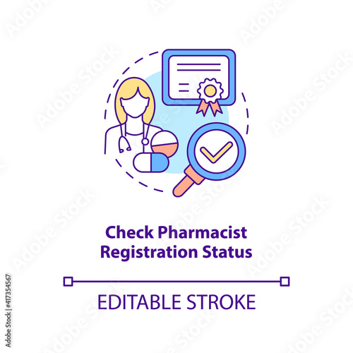 Check pharmacist registration status concept icon. Online pharmacy idea thin line illustration. Buying medicine online tips. Vector isolated outline RGB color drawing. Editable stroke