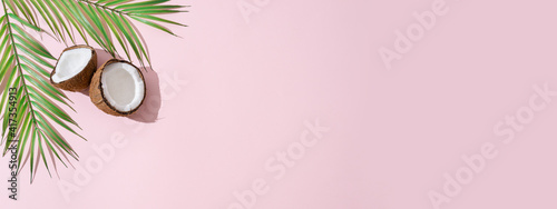 Tropical green palm leaf and cracked coconut on pink background. Organic food, cosmetics. Trendy summertime banner, spa concept. flat lay, top view, copy space