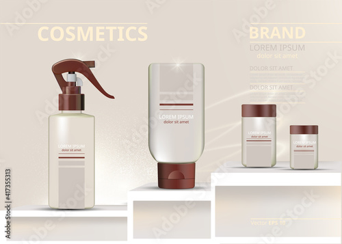 Spray and lotions cosmetics set vector realistic. Product package. Moisturize...