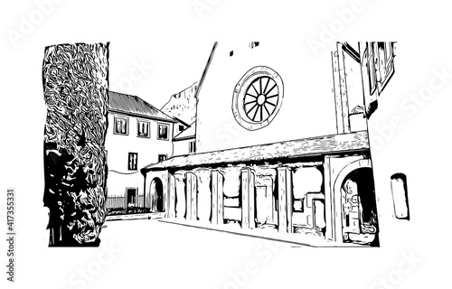 Building view with landmark of Bolzano is a city in the South Tyrol province of north Italy. Hand drawn sketch illustration in vector.