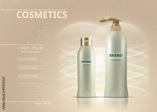 Cosmetics set vector realistic. Product package. Moisturizers tube containers. Cream bottles golden label designs
