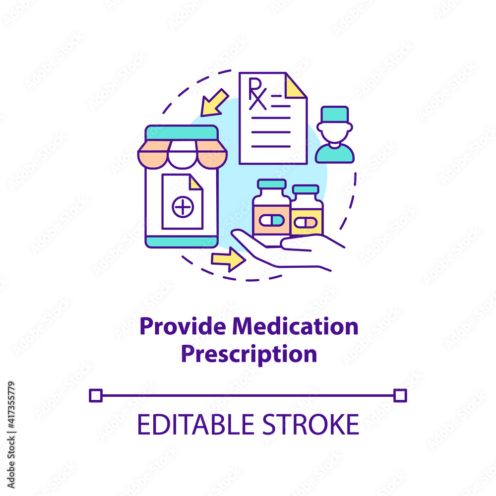 Provide medication prescription concept icon. Online pharmacy idea thin line illustration. Online medication order steps. Vector isolated outline RGB color drawing. Editable stroke