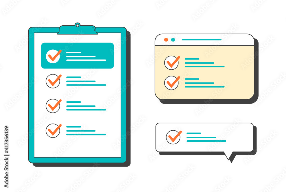 Marked checklist on a clipboard and in the browser, in the dialog box. Vector flat illustration Marked checklist on a clipboard and in the browser, in the dialog box. Vector flat illustration