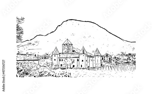 Building view with landmark of Bolzano is a city in the South Tyrol province of north Italy. Hand drawn sketch illustration in vector.