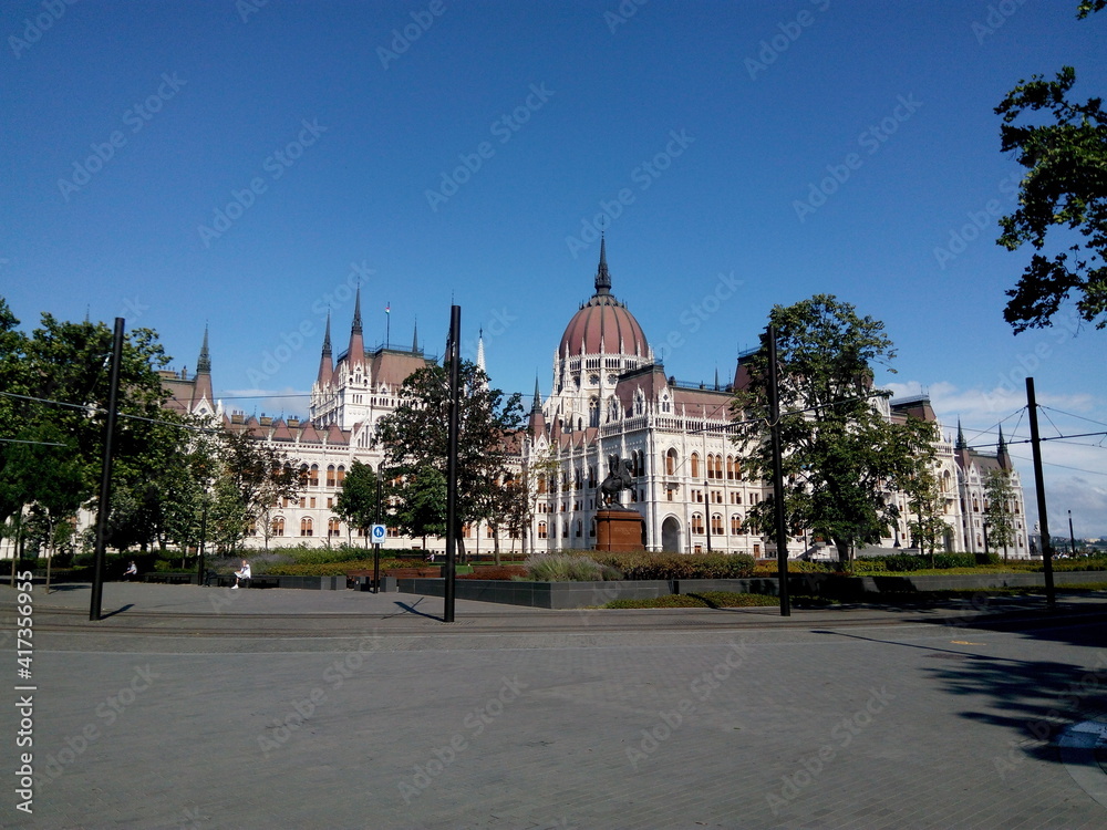 hungarian parliament building on a sunny day. Beautiful urban scape of European city in the morning.