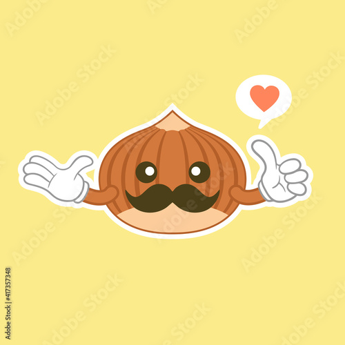 Cute happy brown hazelnut character. Cute happy hazelnut character flat design. Funny nut emoticon in flat style. Brown hazelnut emoji vector illustration. Healthy vegetarian food