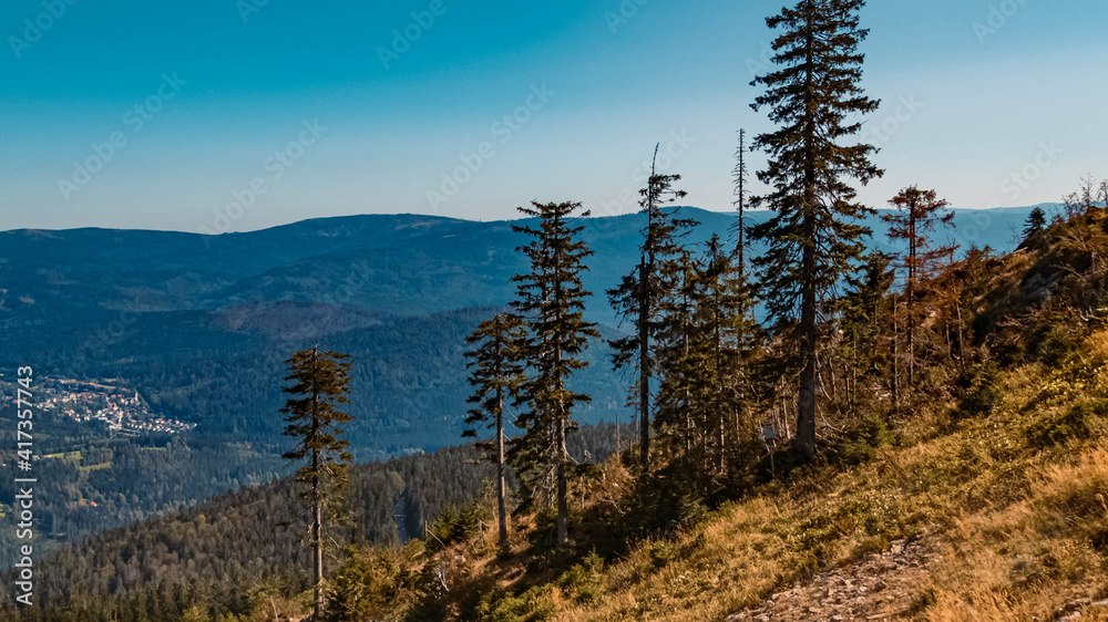 Beautiful autumn or indian summer view at the famous Grosser Arber summit, Bayerisch Eisenstein, Bavarian forest, Bavaria, Germany