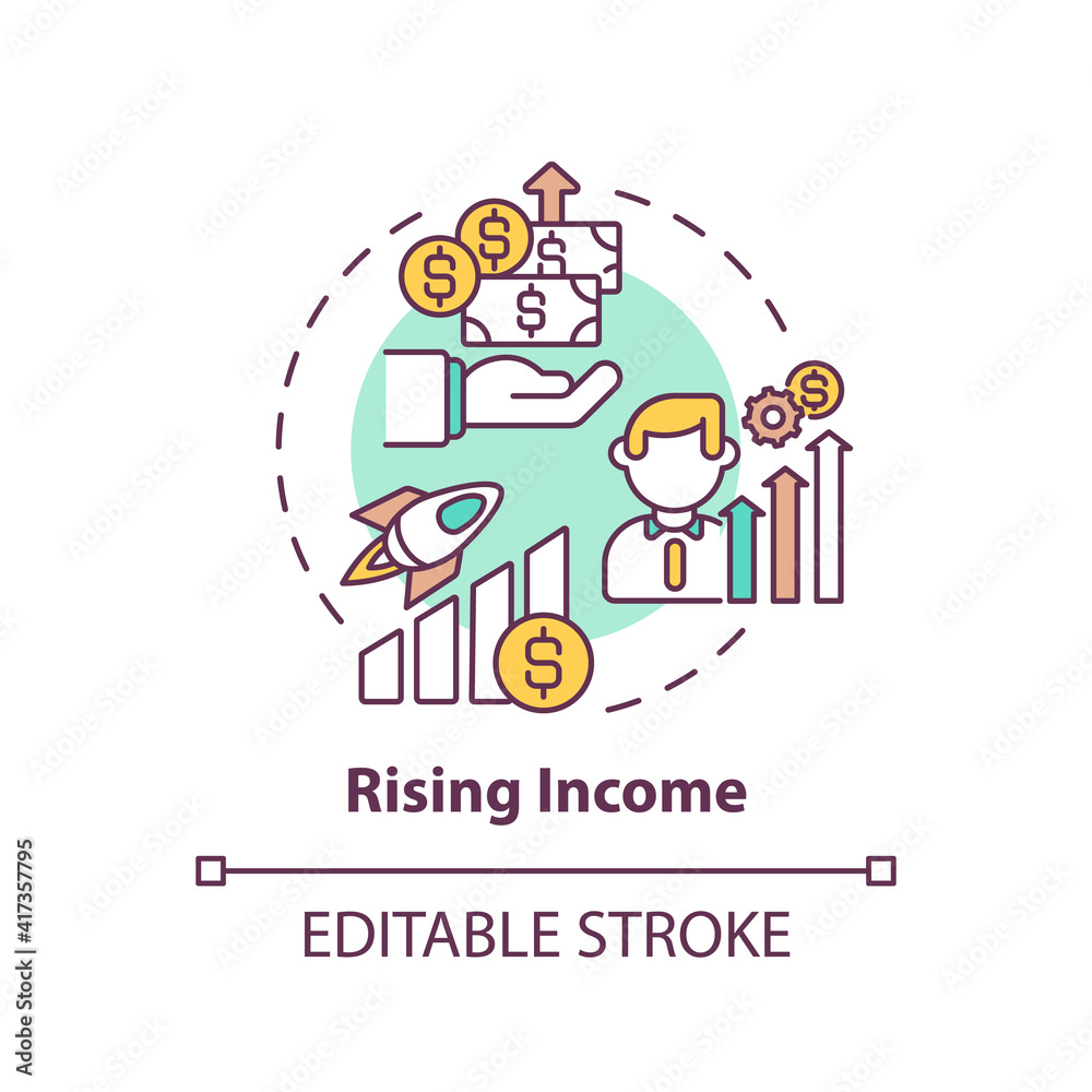 Rising income concept icon. Consumption and saving idea thin line illustration. Economic research and tax policy. Wage and trade. Vector isolated outline RGB color drawing. Editable stroke Rising income concept icon. Consumption and saving idea thin line illustration. Economic research and tax policy. Wage and trade. Vector isolated outline RGB color drawing. Editable stroke