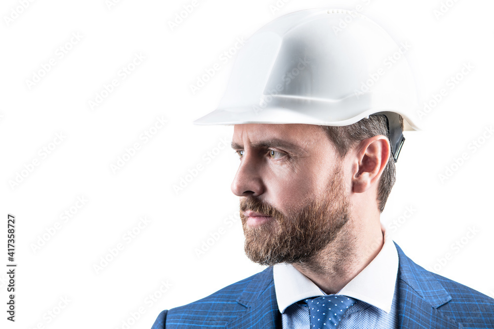 Always dedicated and devoted. Construction man isolated on white. Service man wear safety helmet Always dedicated and devoted. Construction man isolated on white. Service man wear safety helmet
