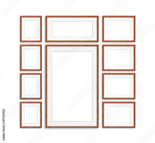 Photo frames collage, ten realistic frameworks of different sizes and shapes, isolated on white background