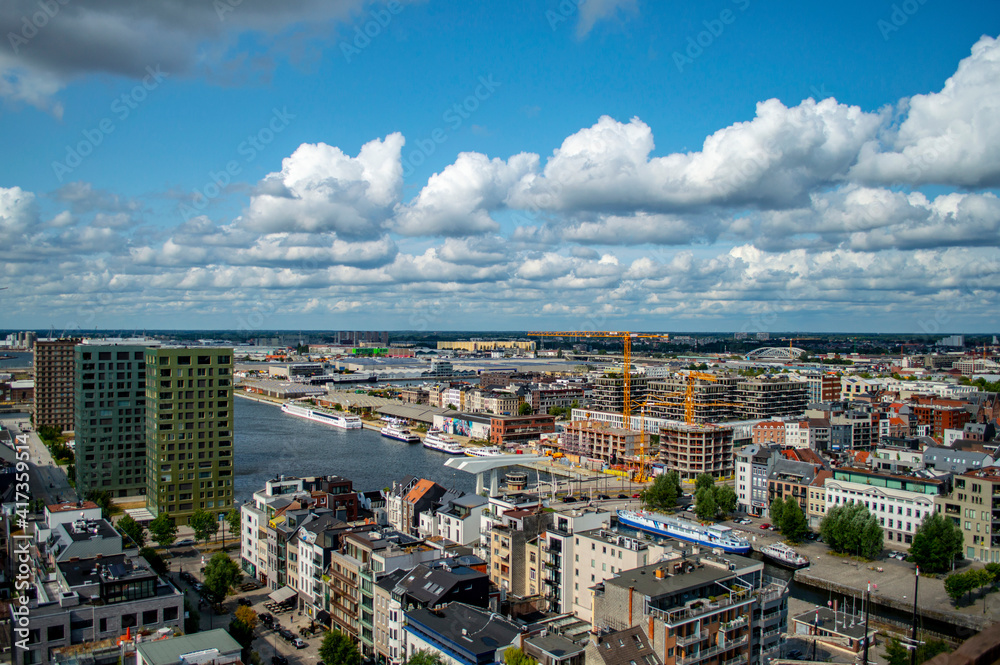 Antwerp, Belgium - July 12, 2019: Aerial view of the city of Antwerp, Belgium, on a sunny summer day, with modern buildings