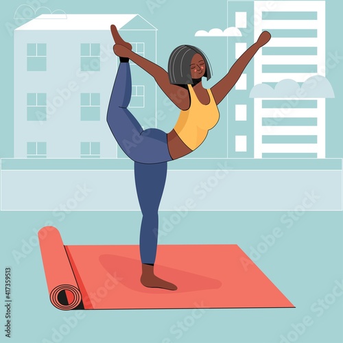 Lord of the Dance Pose. Yoga, meditation practices.Vector illustration in flat style. Girl doing yoga on the urban background. Stretching exercises. Healthy Lifestyle. Fitness for youth and beauty. 