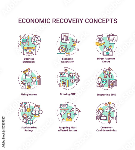 Economic recovery concept icons set. Rating of stock market idea thin line RGB color illustrations. Business cycle after recession. Vector isolated outline drawings. Editable stroke
