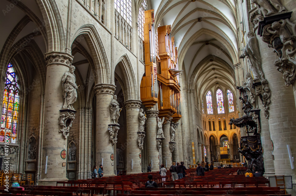 Brussels, Belgium - July 13, 2019: Inside the Cathedral of Saint Michael and Saint Gudula in Brussels, Belgium