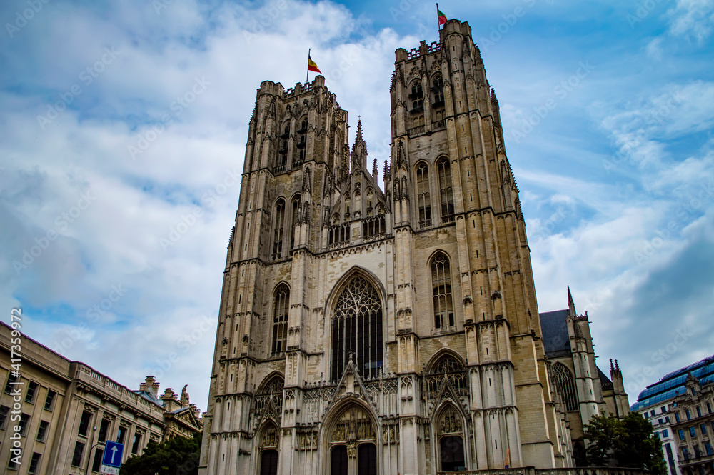 Brussels, Belgium - July 13, 2019: Facade of the Cathedral of Saint Michael and Saint Gudula in Brussels, Belgium