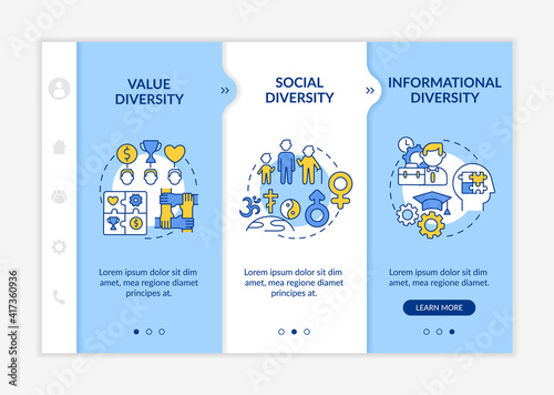 Top management diversity types onboarding vector template. Value and social diversity in company. Responsive mobile website with icons. Webpage walkthrough step screens. RGB color concept