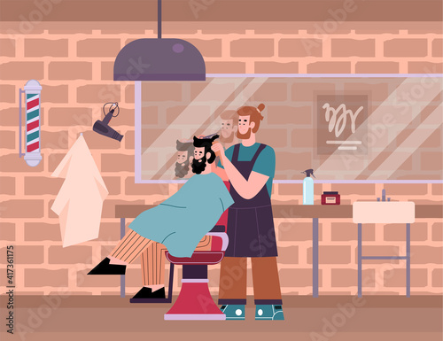 Hairdresser making haircut to bearded man in salon or barber shop, cartoon vector illustration. Barbershop interior with working staff and client in chair.