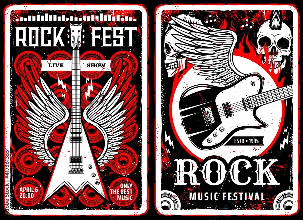 Hard rock music vintage flyers. Heavy metal live show retro posters  template. Winged electric guitars, human skulls with punk mohawk hairstyle  and spurts of flame engraved vector and typography Stock Vector |
