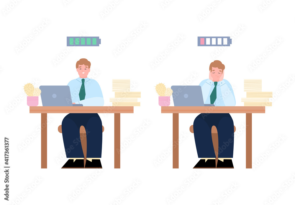Bored and enthusiastic business people at work, cartoon vector illustration isolated on white background. Office workers with charged and empty battery.