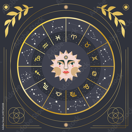 Vector illustration of sun with zodiac and constellations signs. Gold gradient.
