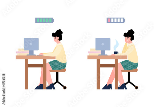 Tired and energy working woman, bored and cheerful office female employee with battery indicator showing low and high energy levels. Flat vector illustration isolated on white.