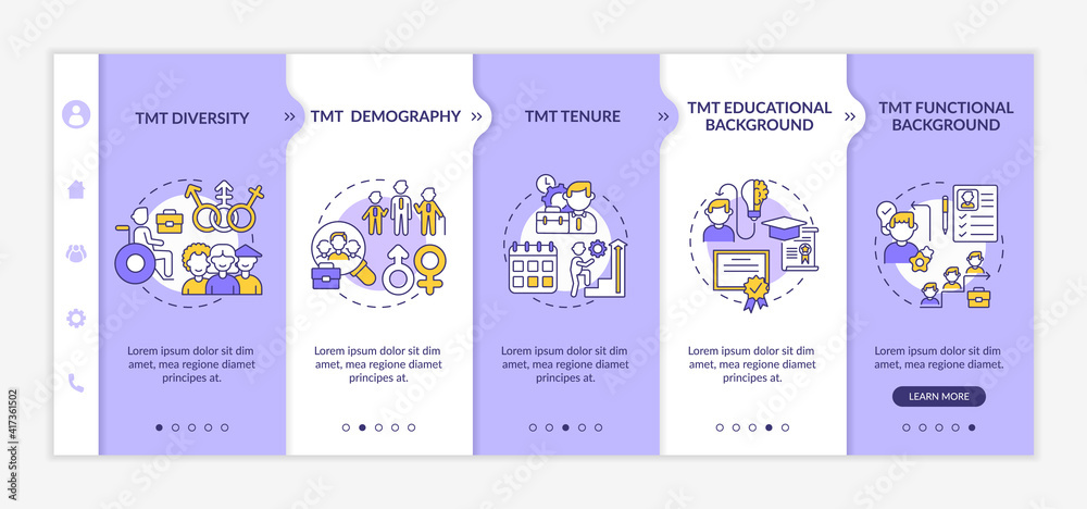 Top management team analysis criteria onboarding vector template. TMT diversity and demography. Responsive mobile website with icons. Webpage walkthrough step screens. RGB color concept Top management team analysis criteria onboarding vector template. TMT diversity and demography. Responsive mobile website with icons. Webpage walkthrough step screens. RGB color concept