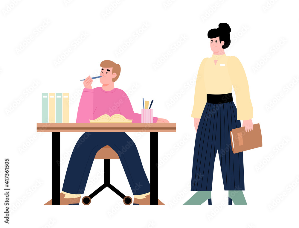 Woman office manager dissatisfied with the work of her subordinate, cartoon vector illustration isolated on white background. Inefficient worker bored at workplace. Woman office manager dissatisfied with the work of her subordinate, cartoon vector illustration isolated on white background. Inefficient worker bored at workplace.