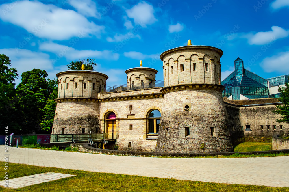 Luxembourg city, Luxembourg - July 15, 2019: Famous medieval Three Acorns fortress (Fort Thungen) in Luxembourg city Luxembourg city, Luxembourg - July 15, 2019: Famous medieval Three Acorns fortress (Fort Thungen) in Luxembourg city