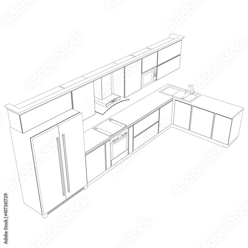 The contour of the kitchen set. Isometric view. 3D. Vector illustration