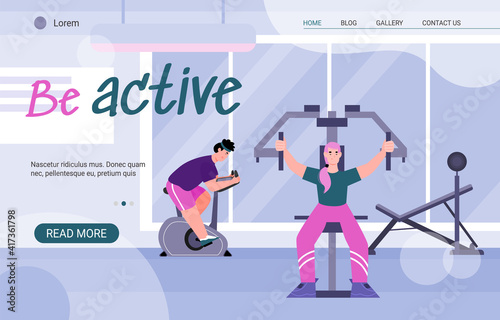 Website template with training people cartoon characters in gym, cartoon vector illustration. Landing page design on sport activity and healthy lifestyle topic.