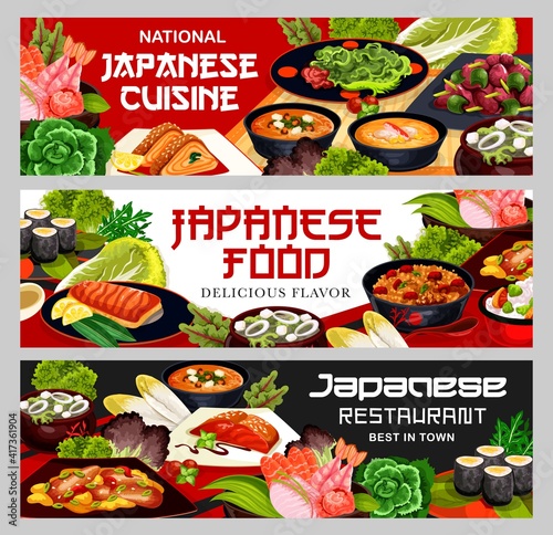 Japanese cuisine food, Japan restaurant banners, seafood, noodles and meat meals, vector menu. Japanese cuisine fish and shrimp sashimi food, chicken liver and rolls menu with cucumber and avocado