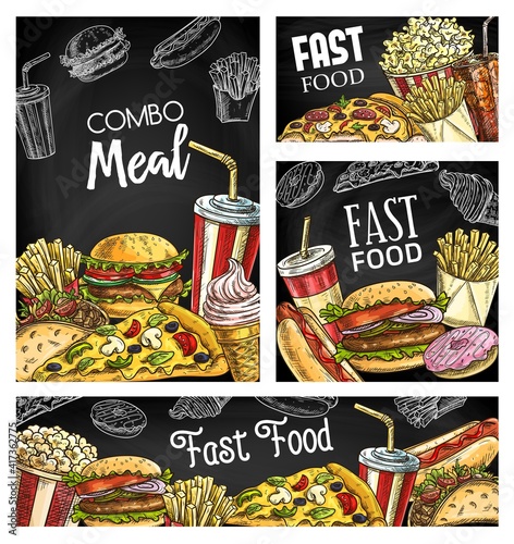Fast food meals and drinks chalkboard sketch banners. Hamburger, french fries and pizza, hot dog, taco and donut, ice cream in waffle cone, popcorn bucket and soda glass vector. Fast food meals poster
