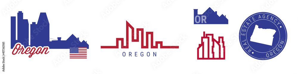 Oregon real estate agency. US realty vector emblem icon set