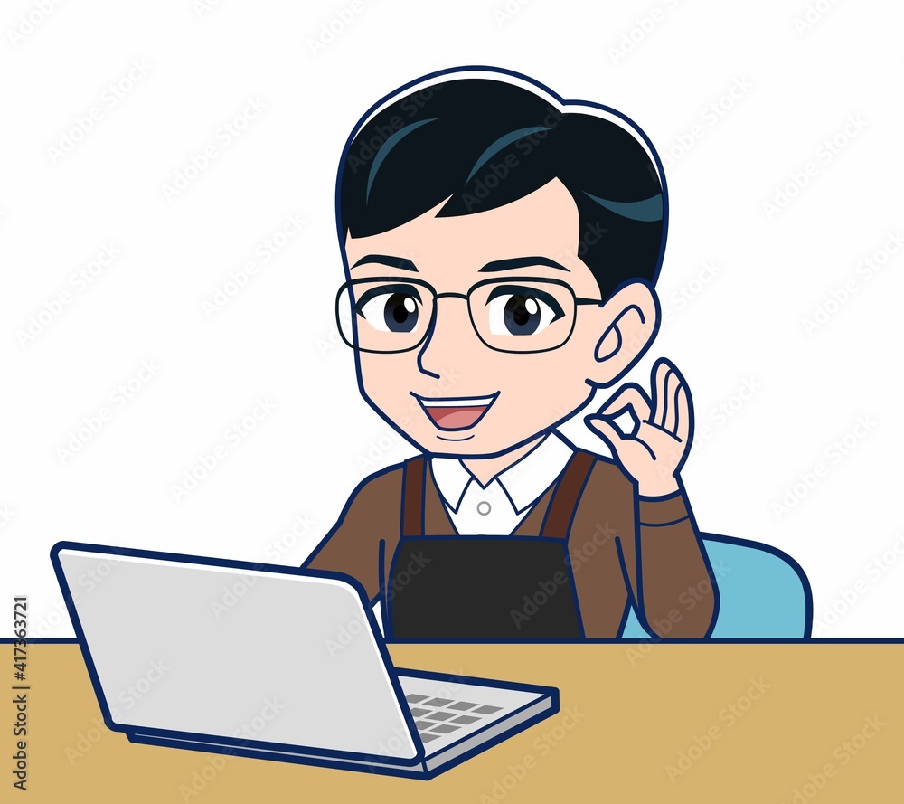 エプロンをしたアルバイトの男性 エプロンをしたアルバイトの男性